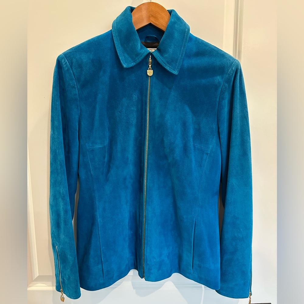 St. John Sport Vintage Laurel Suede Peacock Blue Leather Jacket Size P (0-6)
